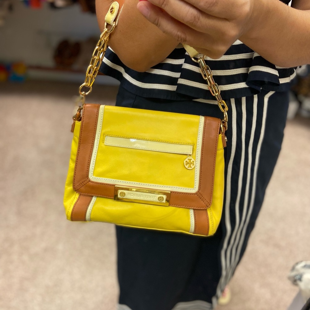 Tory Burch Yellow and Brown Shoulder Bag with Gold Hardware